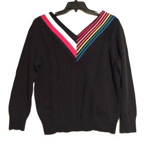 Vtg Tommy Hilfiger Women's Navy Red White Blue Flag Rainbow Striped Sweater M